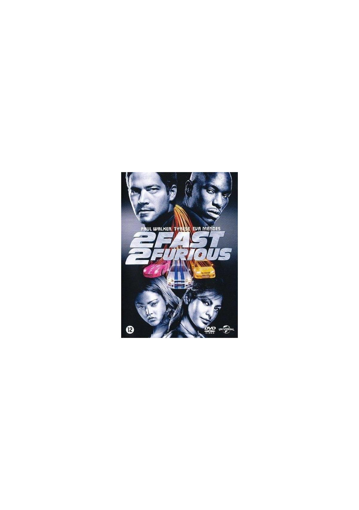 Jaquette DVD de '2 Fast 2 Furious' avec acteurs et voitures.