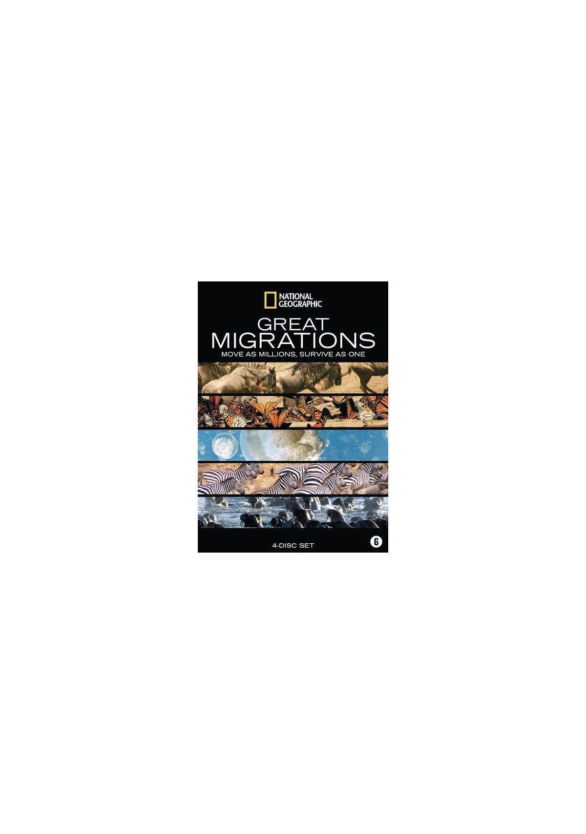 Filmaffiche: Great Migrations, een omslag met meerdere afbeeldingen van dieren in hun natuurlijke habitat.