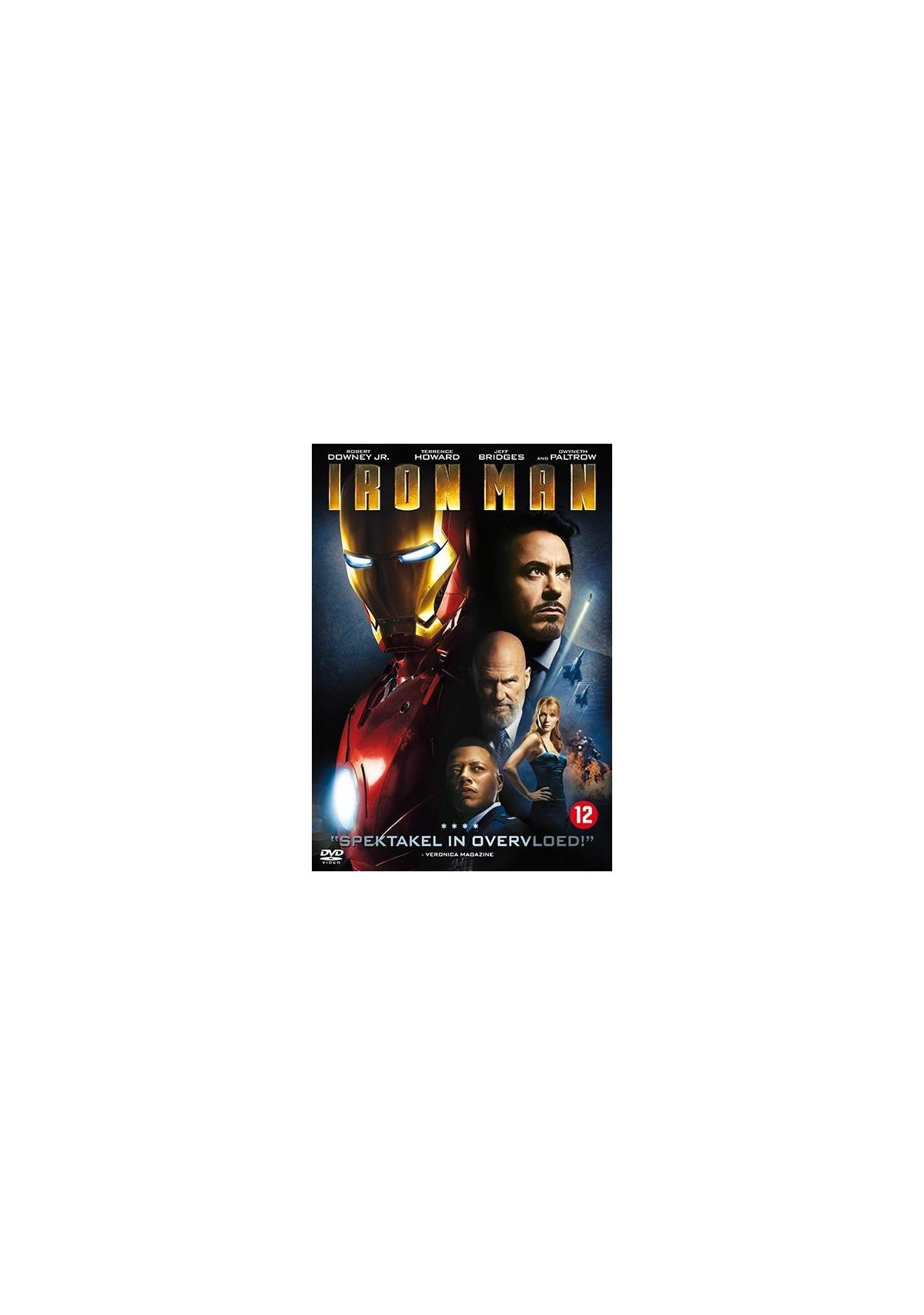 Iron Man DVD-hoes. Iron Man-helm en gezichten van acteurs op een zwarte achtergrond.