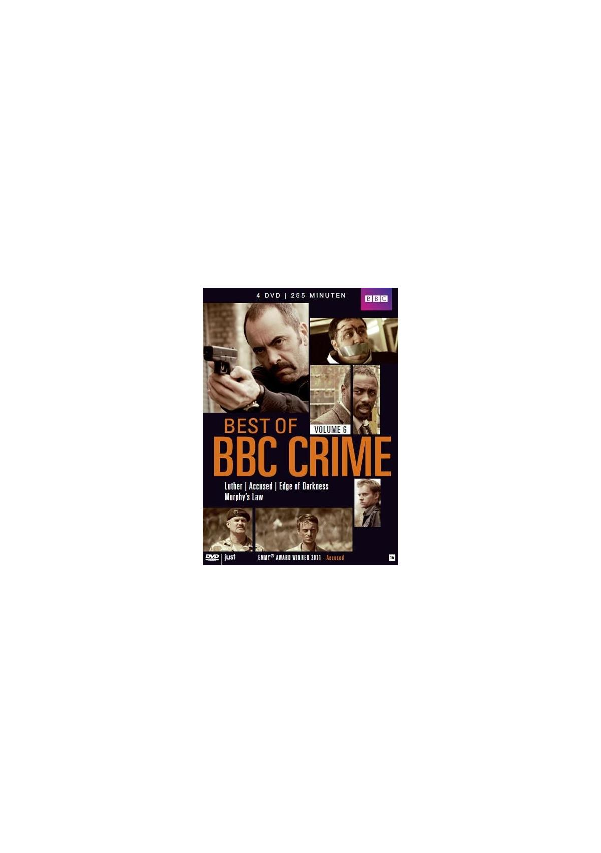Een dvd-hoes voor Best of BBC Crime, met verschillende afbeeldingen van acteurs met wapens en een titel.