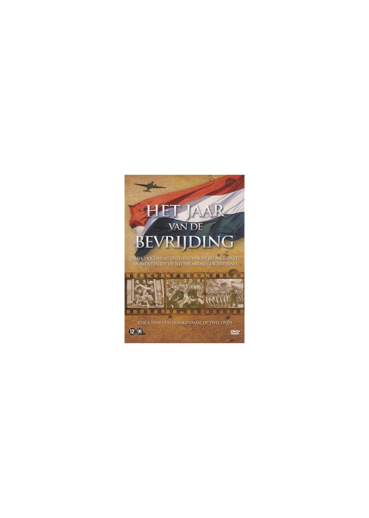 Couverture DVD de 'Het Jaar van de Bevrijding' avec drapeau néerlandais et avion.