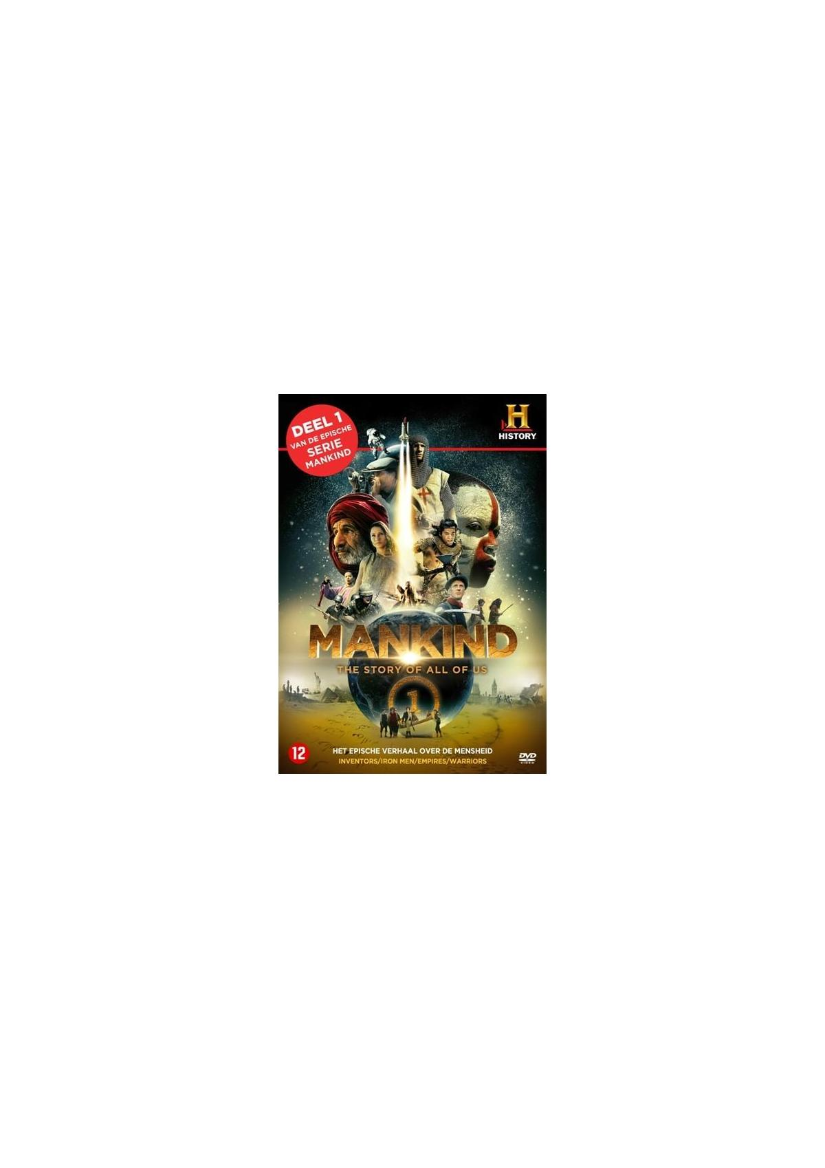 Couverture DVD de Mankind: The Story of All of Us. Plusieurs visages et une fusée. Fond sombre.
