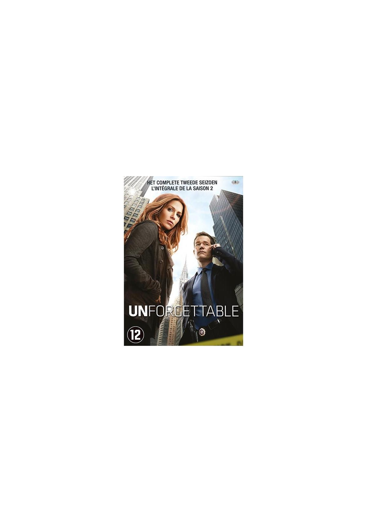 DVD-hoes: Twee mensen voor een stad met de titel 'Unforgettable'.