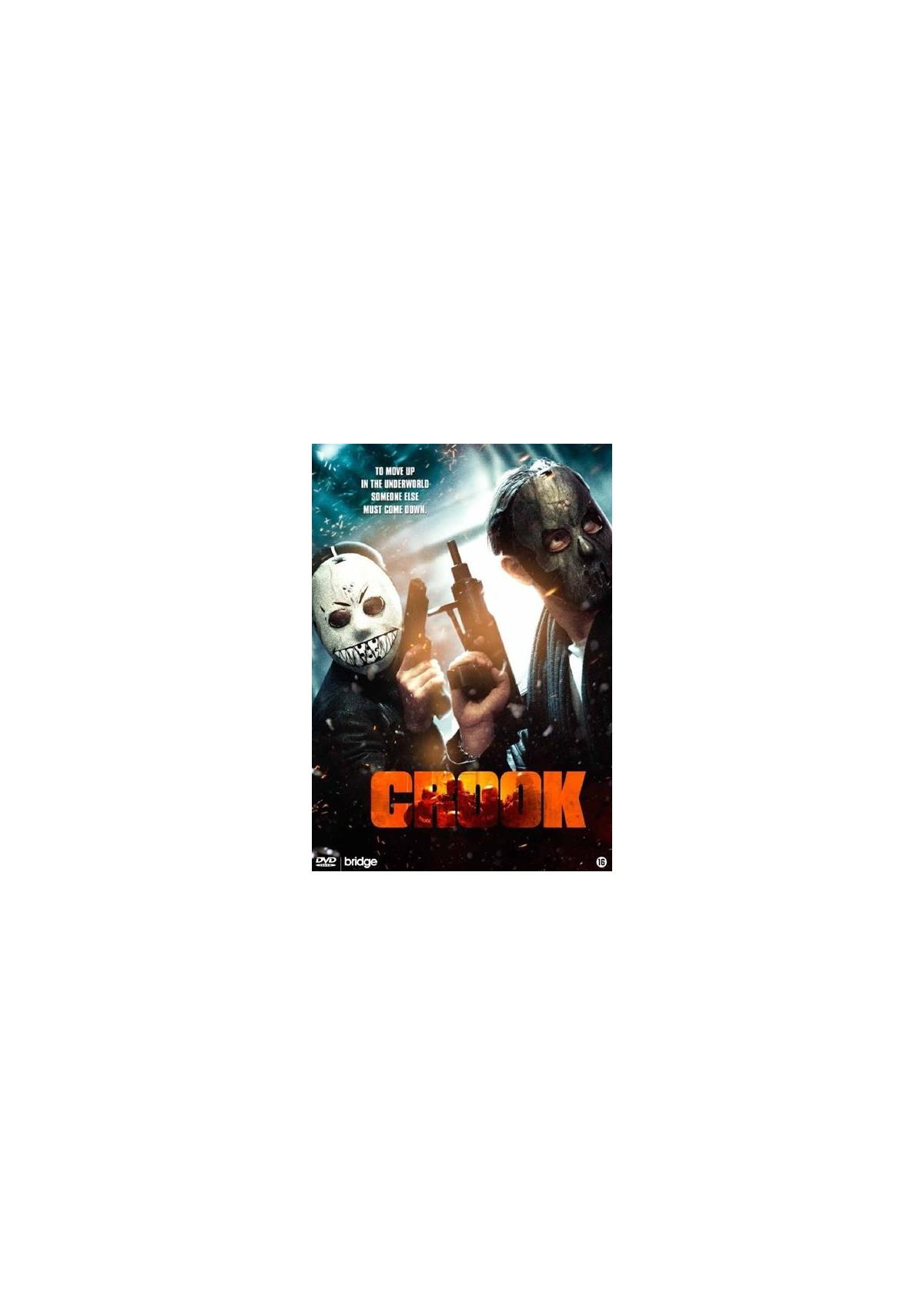 Jaquette DVD pour 'Crook' avec deux hommes masqués avec des armes.
