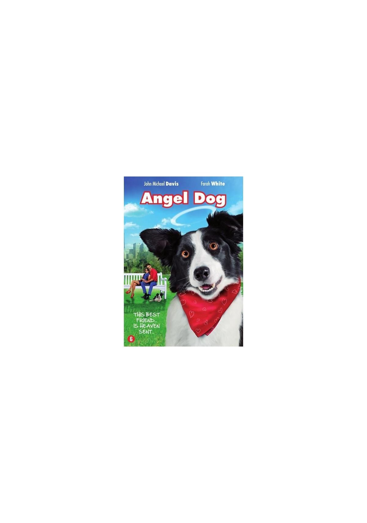 Affiche du film Angel Dog, avec un chien portant un bandana rouge et deux personnes assises sur un banc.