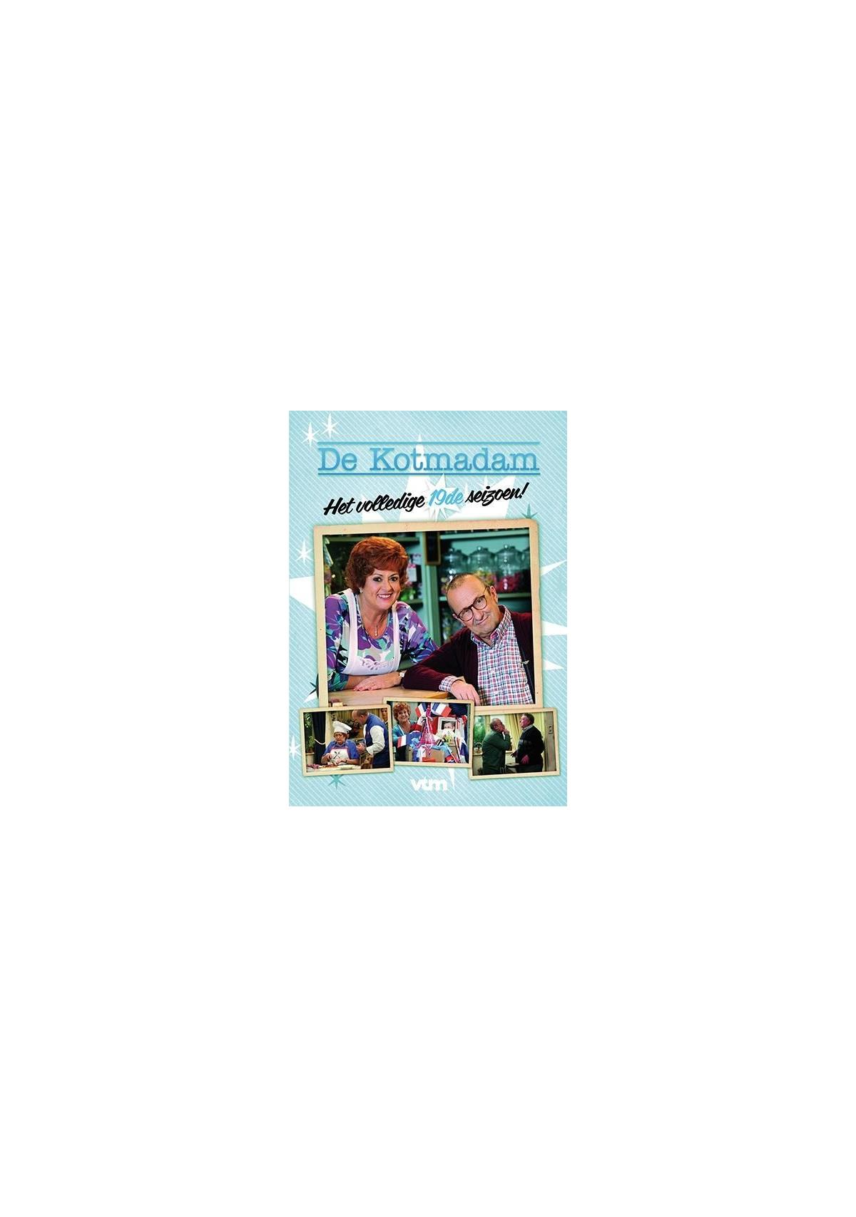 Couverture du DVD 'De Kotmadam'. Un couple dans une cuisine avec des photos en dessous.
