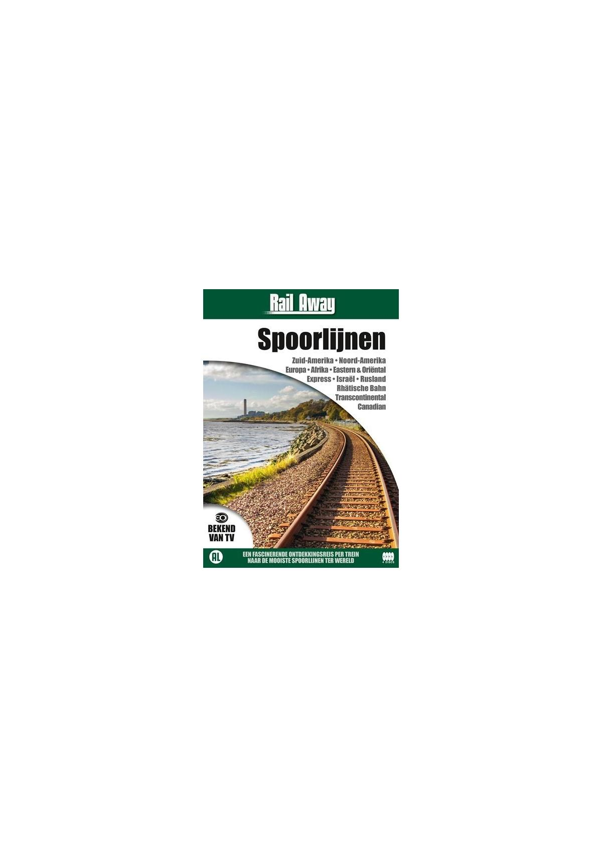 Jaquette DVD de 'Rail Away Spoorlijnen' avec des voies ferrées.