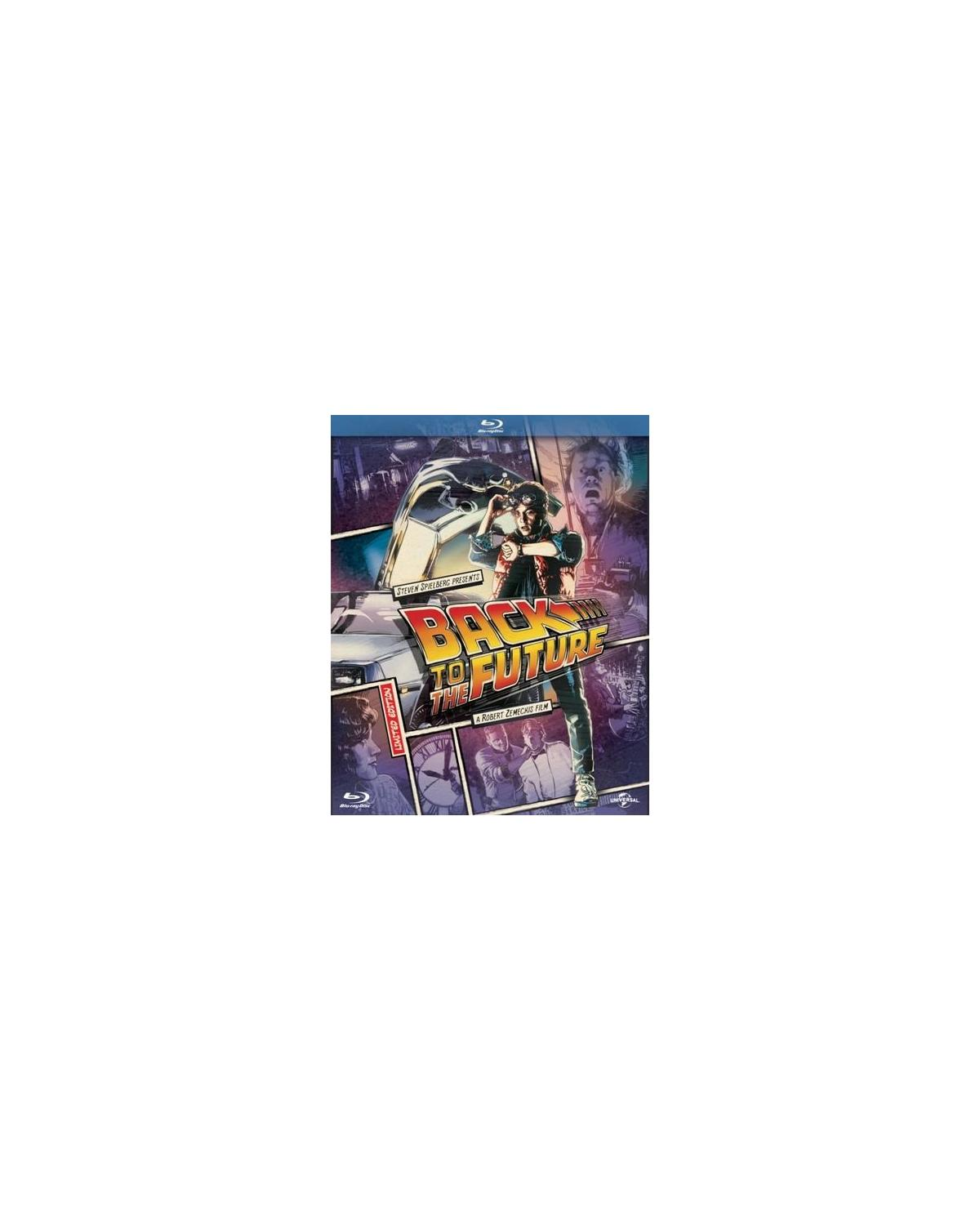 Filmposter voor Back to the Future, met een man in het midden en een auto aan de linkerkant.