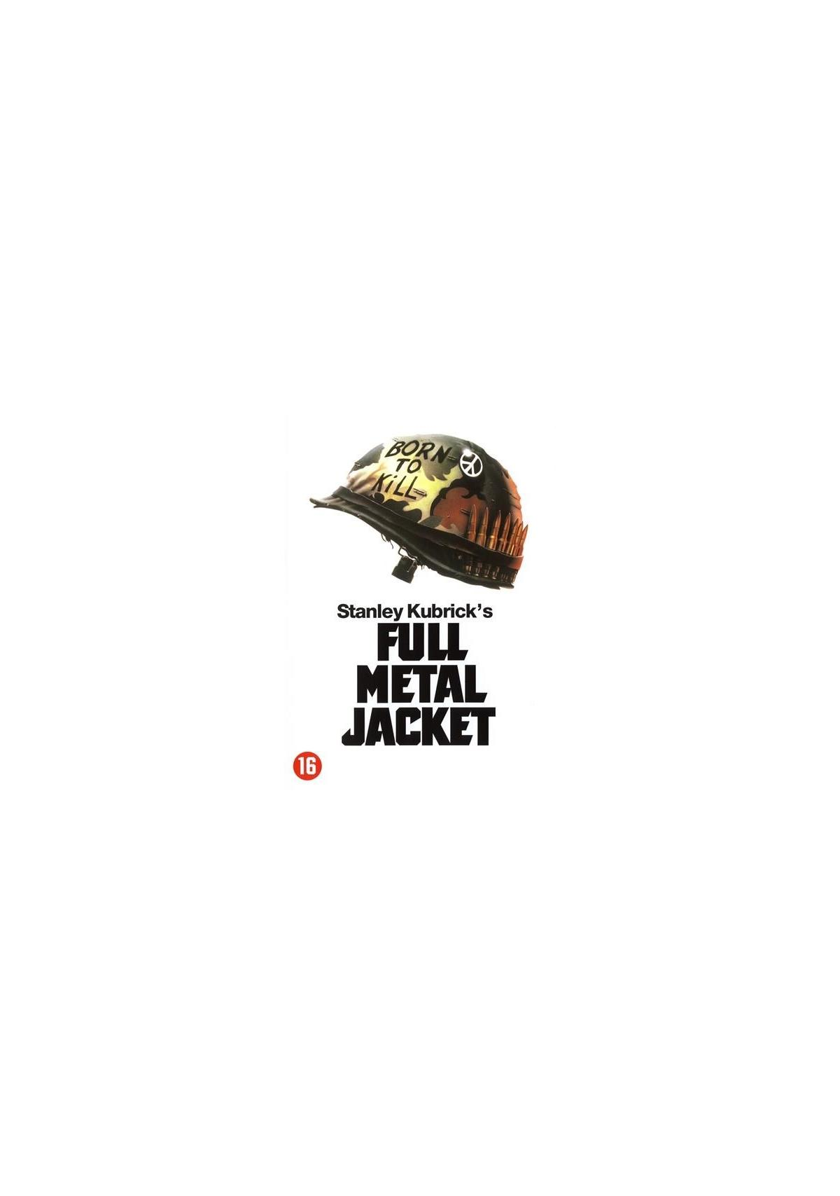 Filmposter voor Full Metal Jacket. Toont een helm met 'Born to Kill' en de filmtitel.