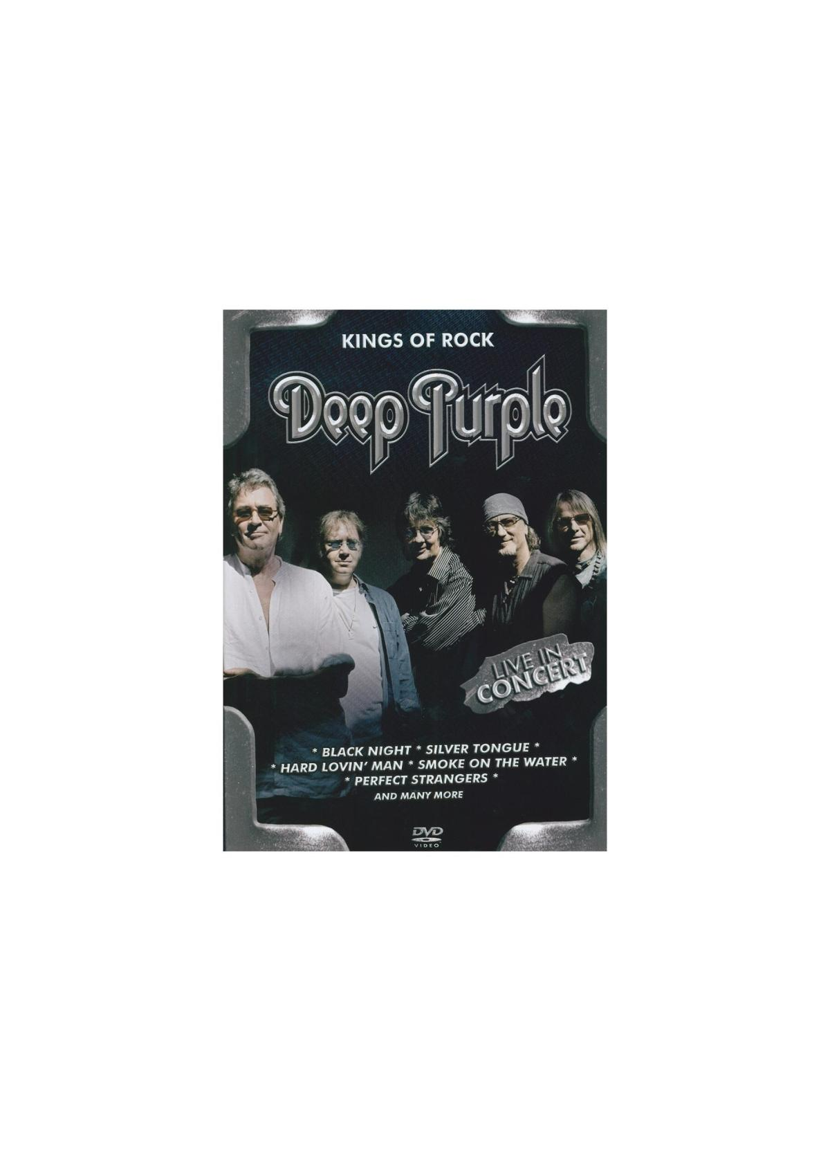 Couverture du DVD de Deep Purple 'Kings of Rock'. Membres du groupe, texte 'Live in Concert'.