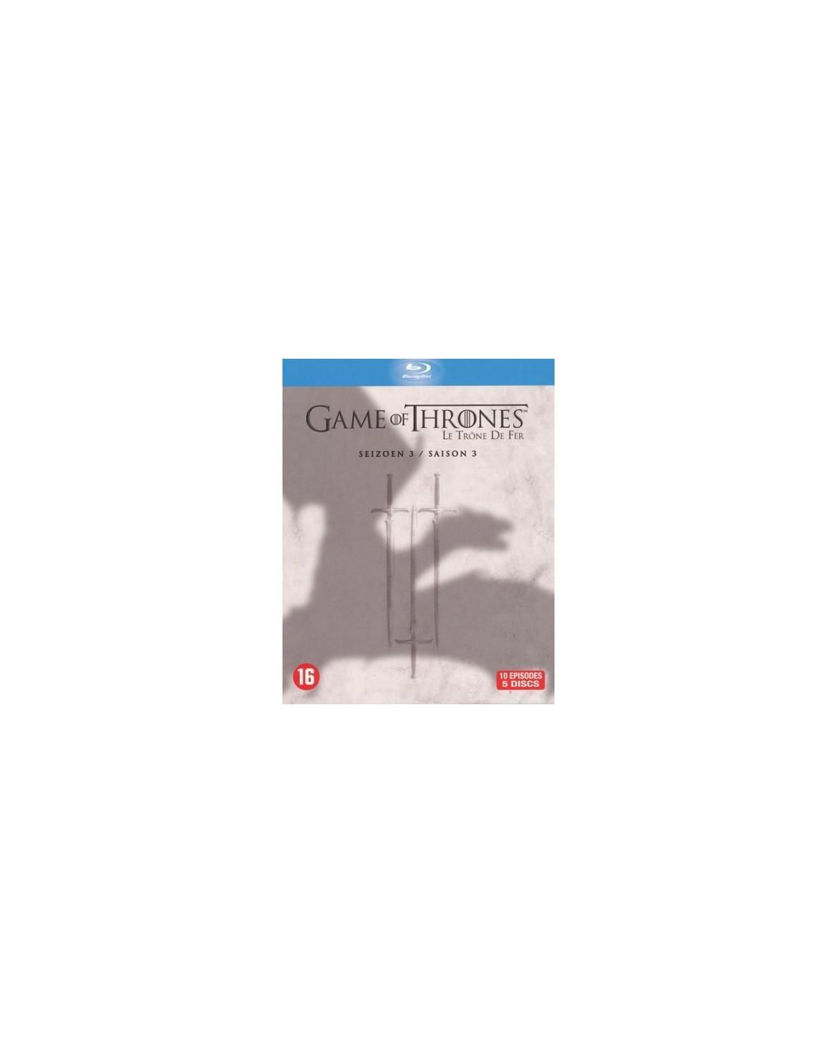 Game of Thrones Blu-ray cover. Een donkere afbeelding, met de titel en een schaduw van een hand.
