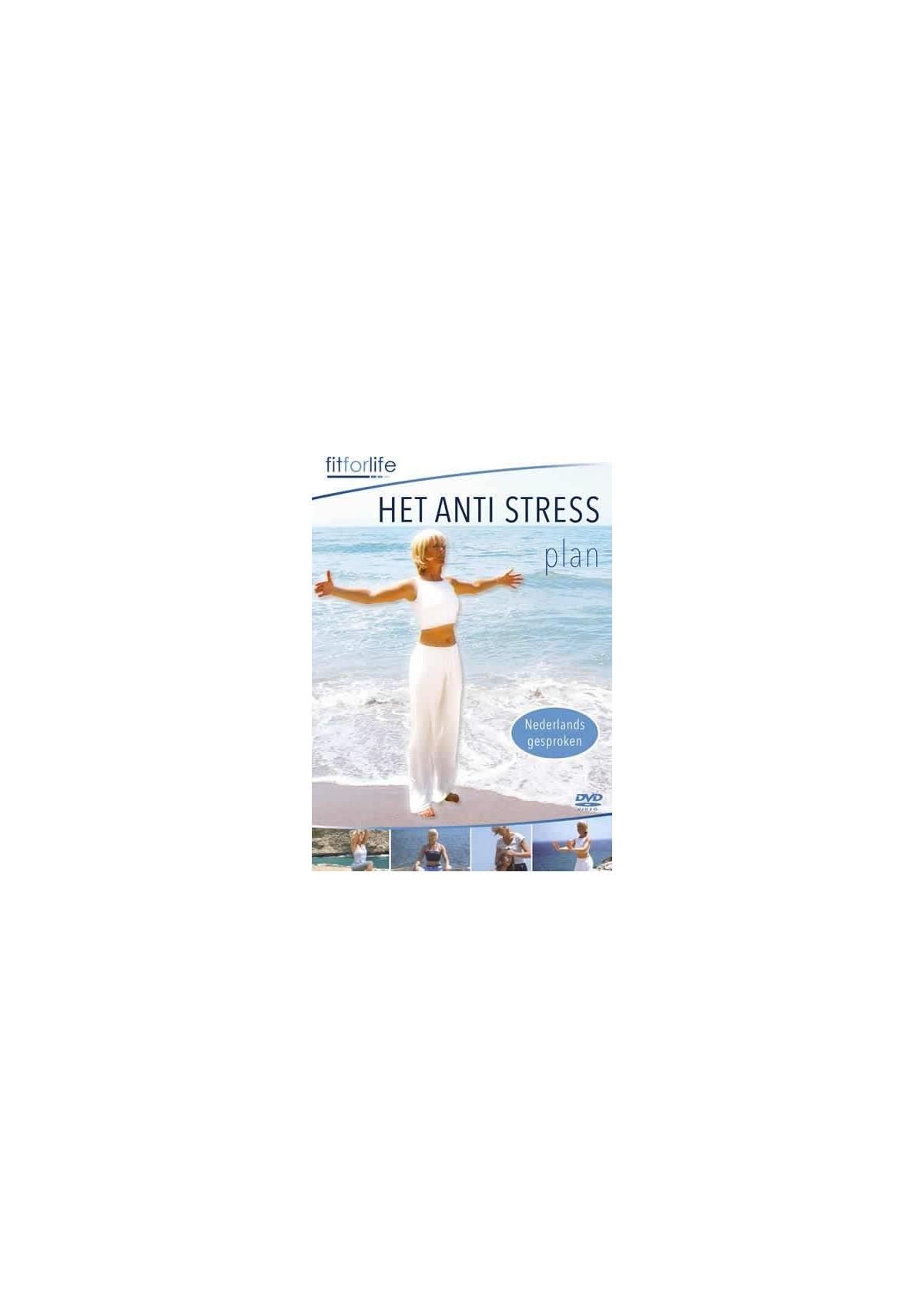 DVD-hoes: Vrouw met uitgestrekte armen op het strand. Titel: Het Anti Stress Plan. Achtergrond: Zee.