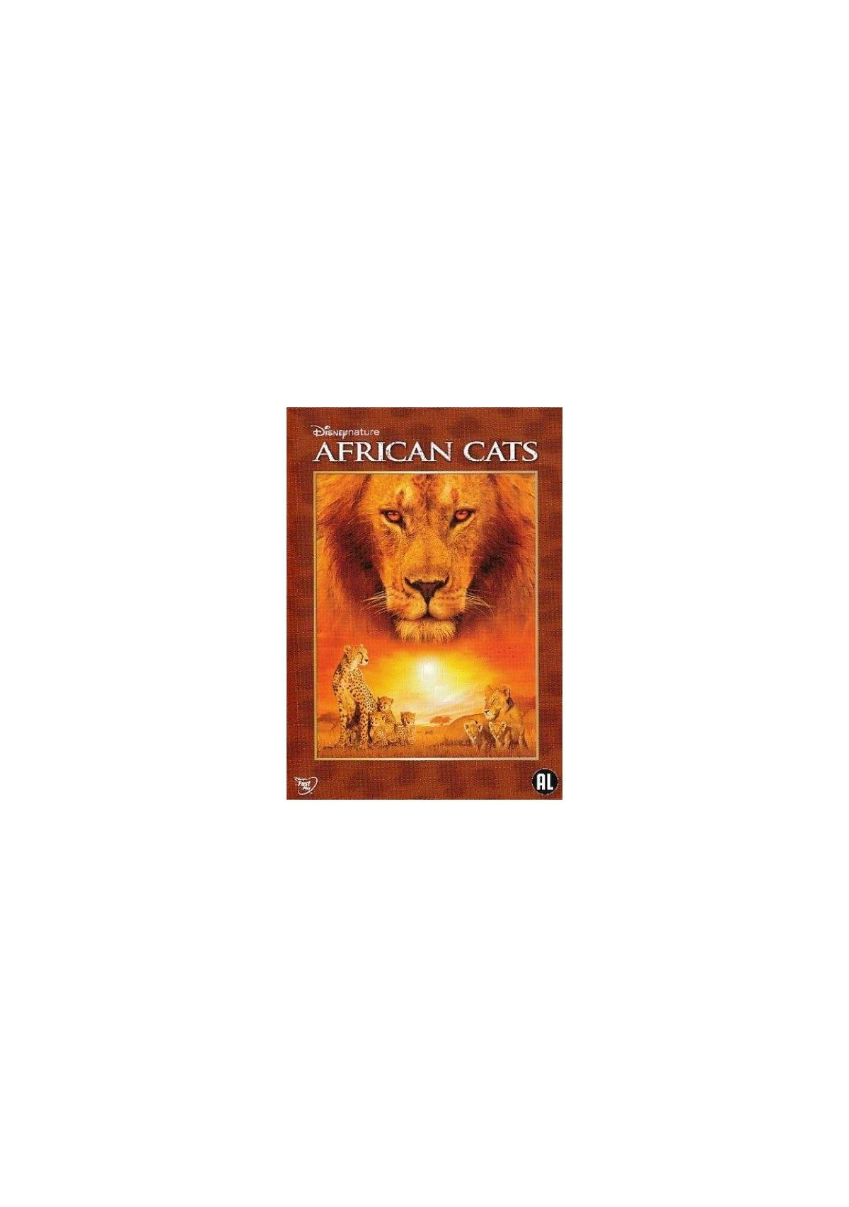 Couverture DVD : Visage de lion. Titre : African Cats. Lions et lionceaux en arrière-plan.