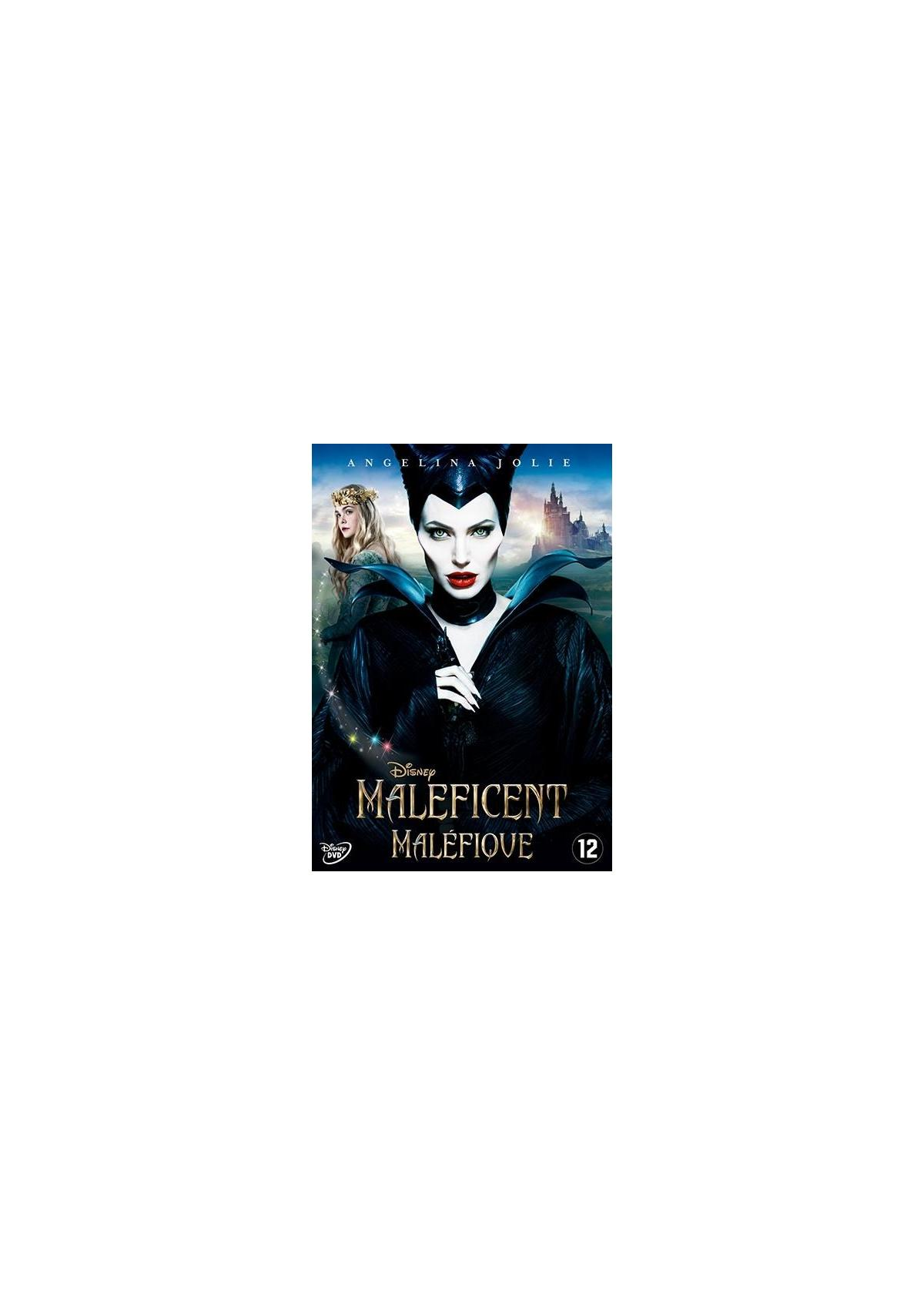 Affiche du film Maléfique. Angelina Jolie en robe noire et cornes au centre.