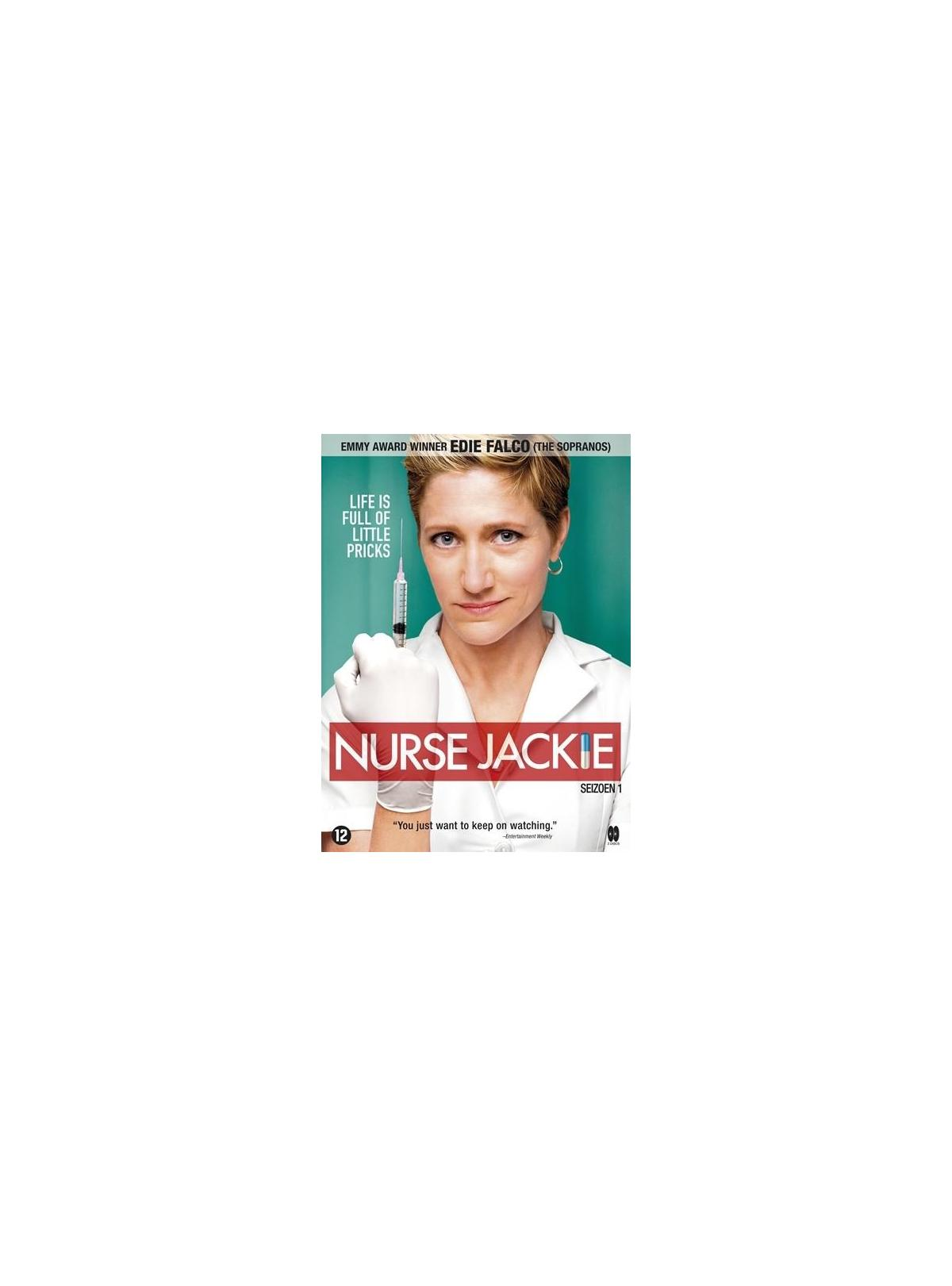 Affiche de film, une femme en uniforme blanc tenant une seringue. 'Nurse Jackie'.