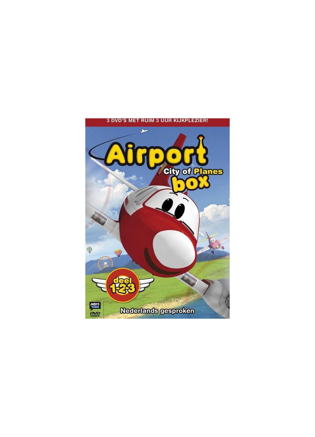 Couverture DVD de 'Airport City of Planes Box'. Un avion de dessin animé rouge est présenté avec d'autres avions et du texte.