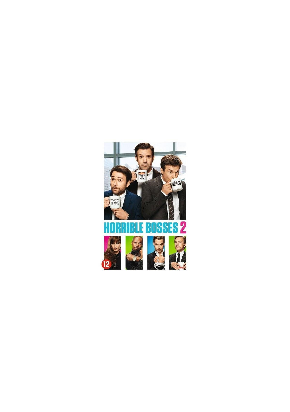 Filmposter, drie mannen met mokken en zes andere mensen beneden. Tekst luidt 'Horrible Bosses 2'.