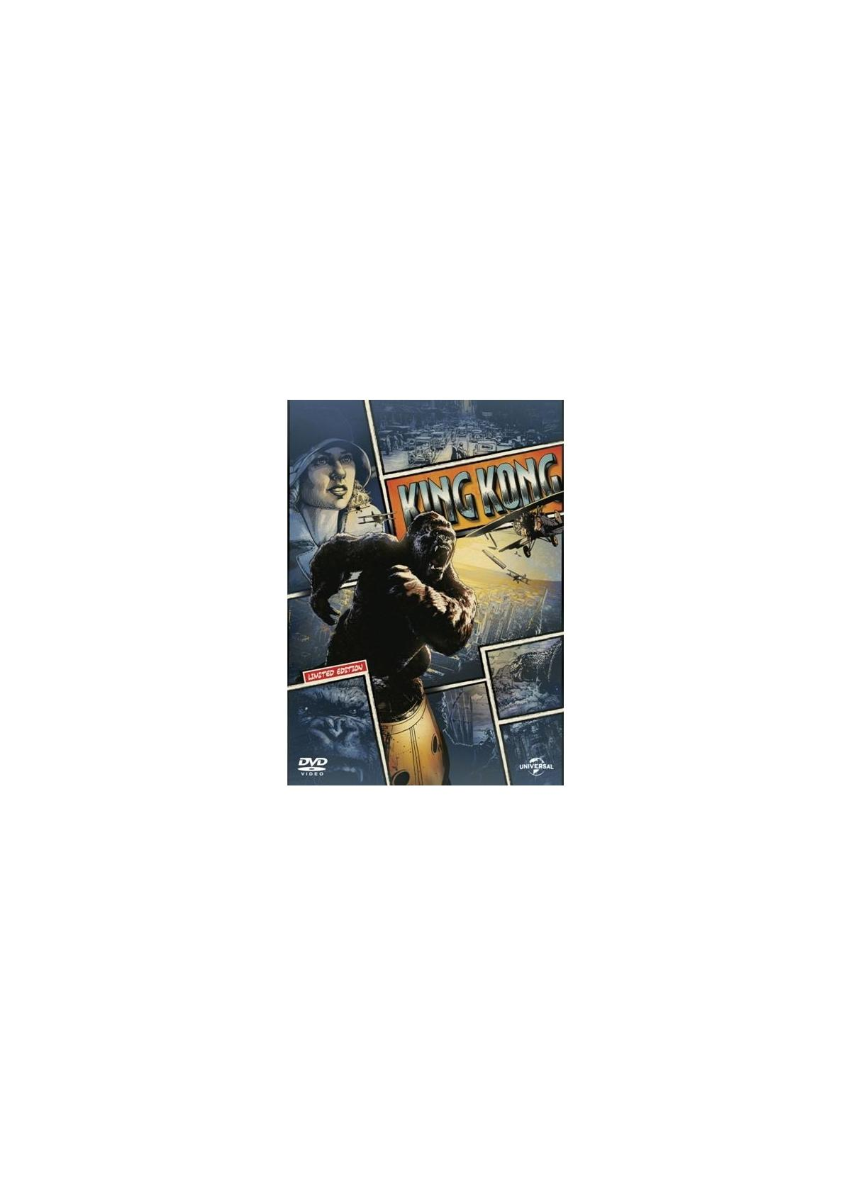DVD-hoes voor 'King Kong'. King Kong, vrouw, vliegtuigen en stad.