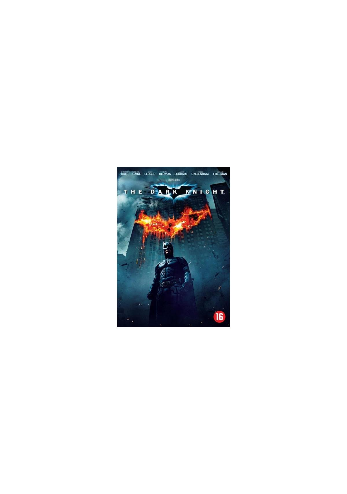 Filmposter, Batman staat voor een brandend gebouw. Tekst luidt 'The Dark Knight'.