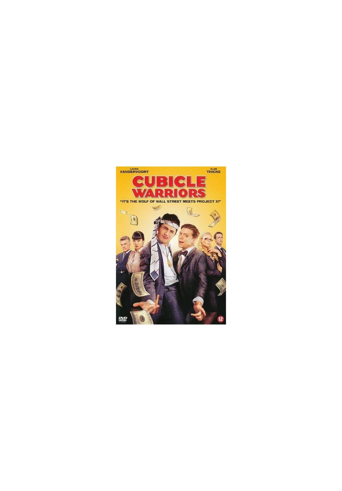 Cubicle Warriors DVD-cover. Mannen in pakken met dollarbiljetten. Titel, namen van de cast en slogan zijn zichtbaar.