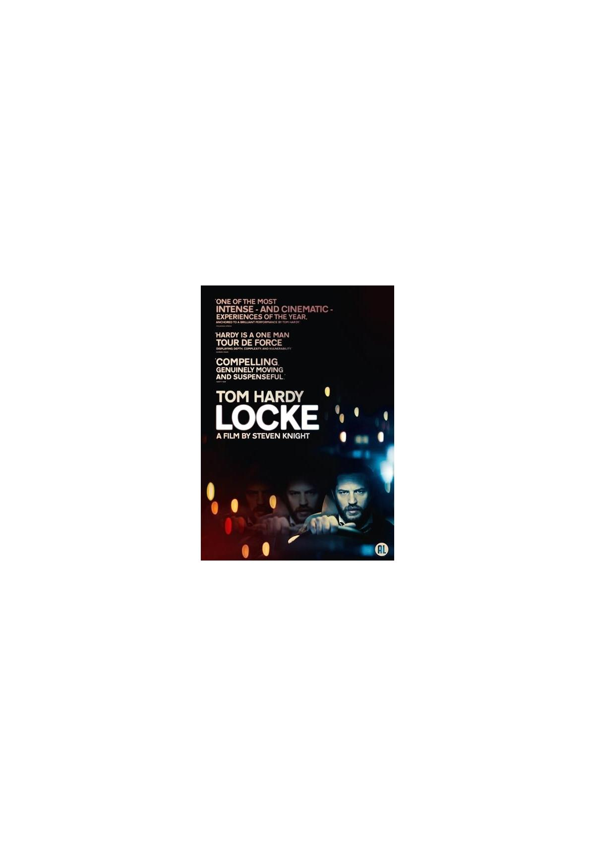 Couverture du DVD Locke. Tom Hardy dans une voiture, avec des lumières de ville en arrière-plan.