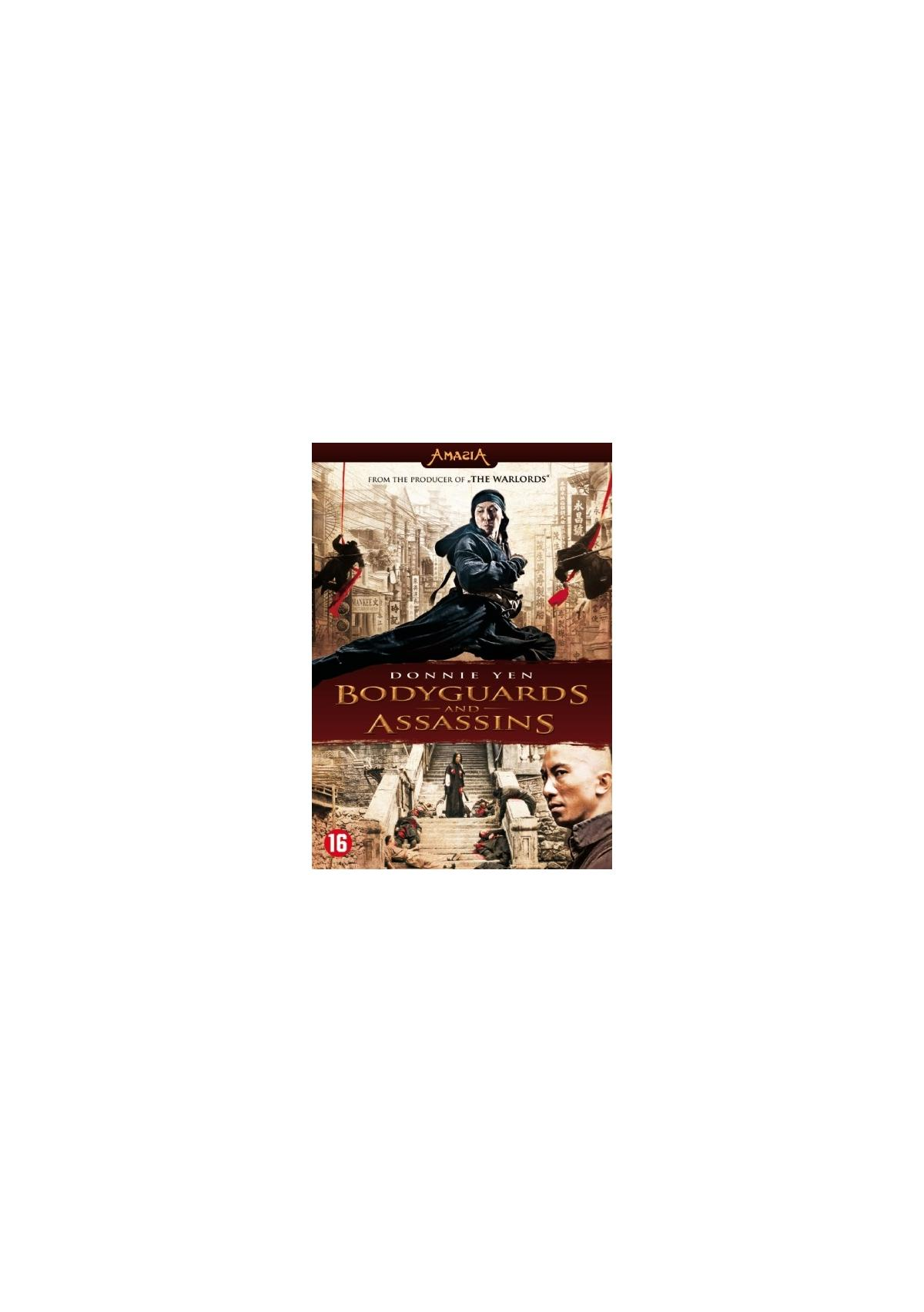 Couverture de DVD : Donnie Yen en tenue noire, en train de se battre. Titre : "Bodyguards and Assassins". Personnes en arrière-plan.