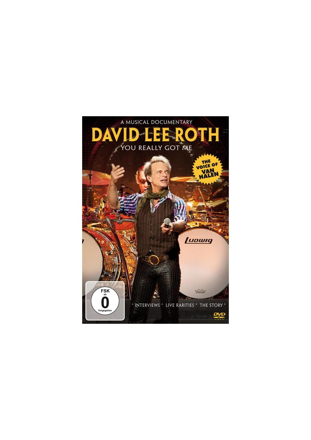 DVD-cover: David Lee Roth. De man op een podium met drums. Zwarte en gele tekst.