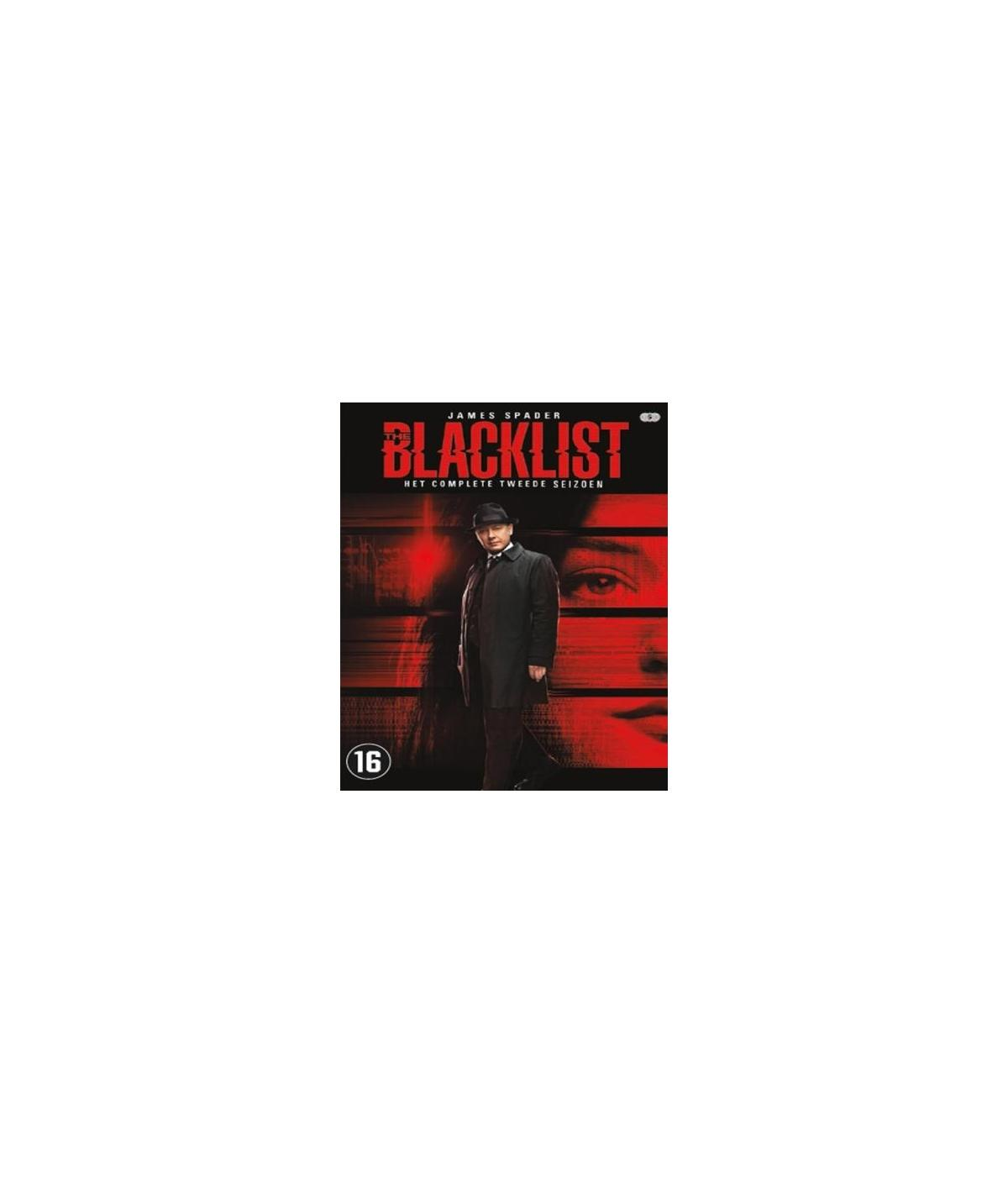 DVD-cover: James Spader in een zwarte jas. Titel: "Blacklist". Rode achtergrond met gezichten. Beoordeling: 16.