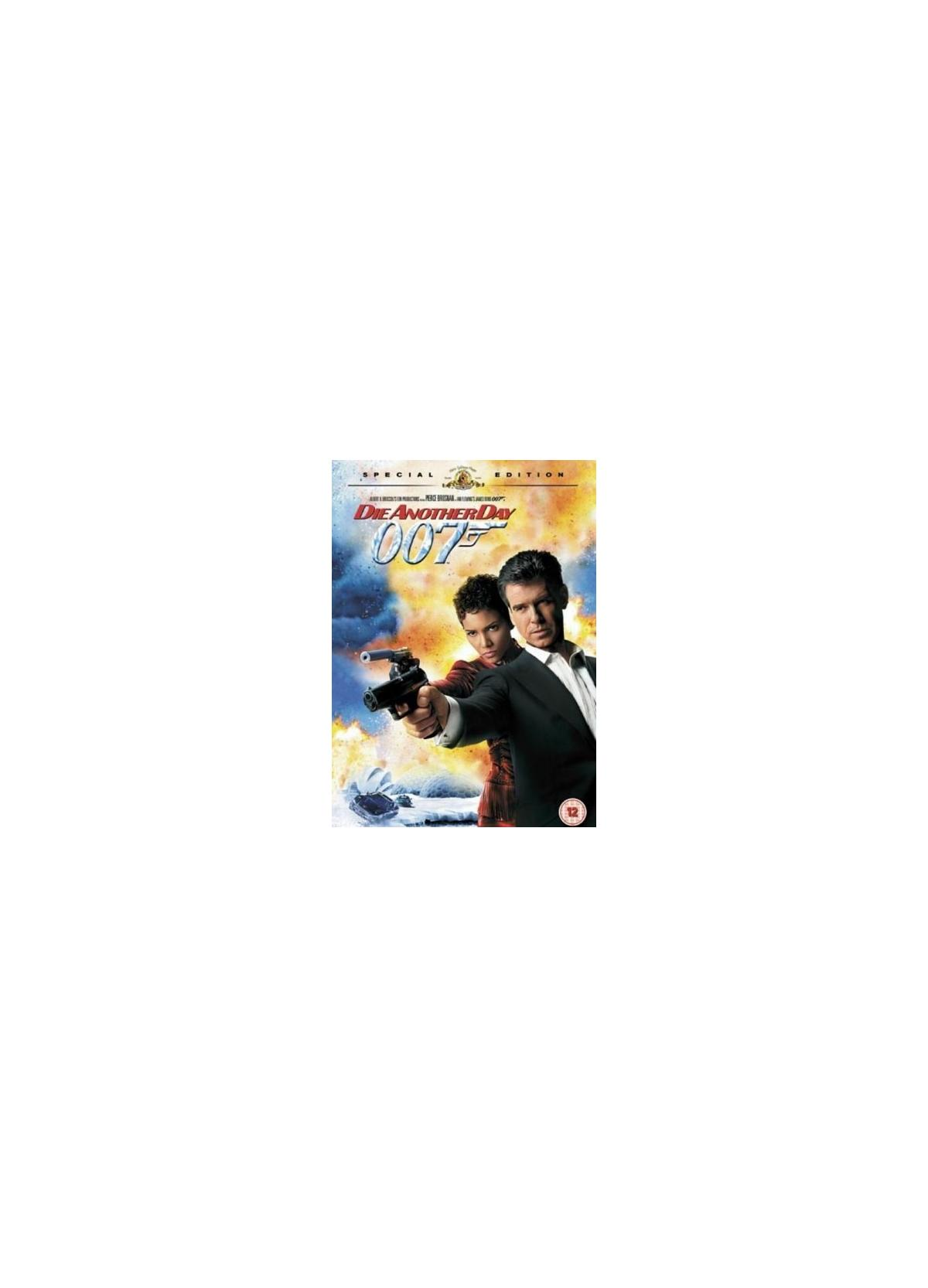 DVD-hoes van 'Die Another Day'. Een man en vrouw met geweren, met een vurige achtergrond.