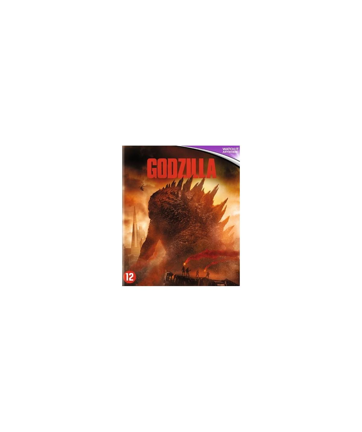 Couverture de DVD : Godzilla se tient dans une ville, ciel rouge. Titre : "Godzilla". Classification : 12.
