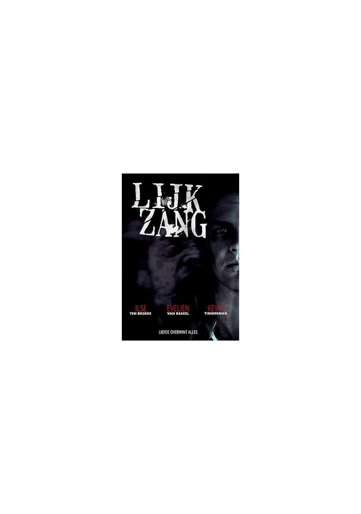 Filmposter voor 'Lijkzang'. Twee gezichten op de poster. Tekst 'Lijkzang' en namen van personen.