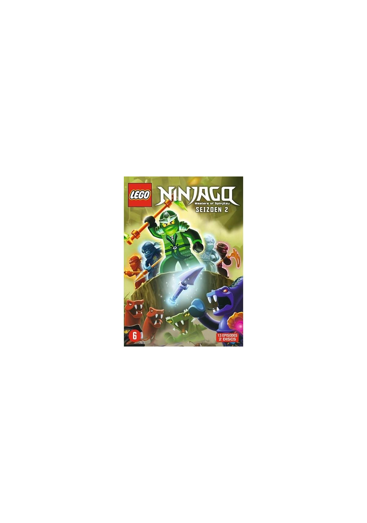 Une couverture de DVD Lego Ninjago avec plusieurs figurines Lego et un ninja au milieu.