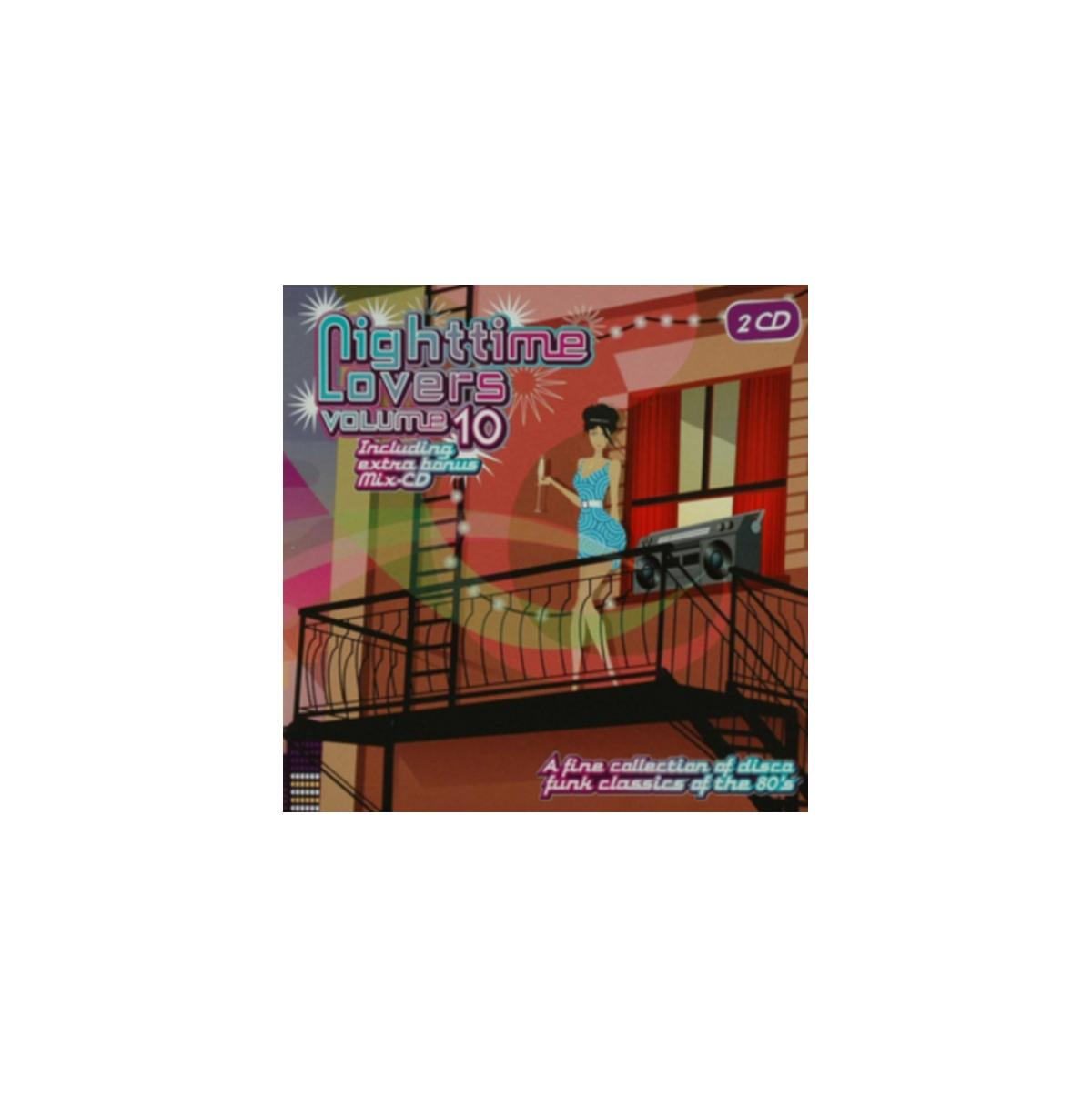 Cd-hoes met een vrouw op een balkon, een boombox en de tekst 'Nighttime Lovers volume 10'.