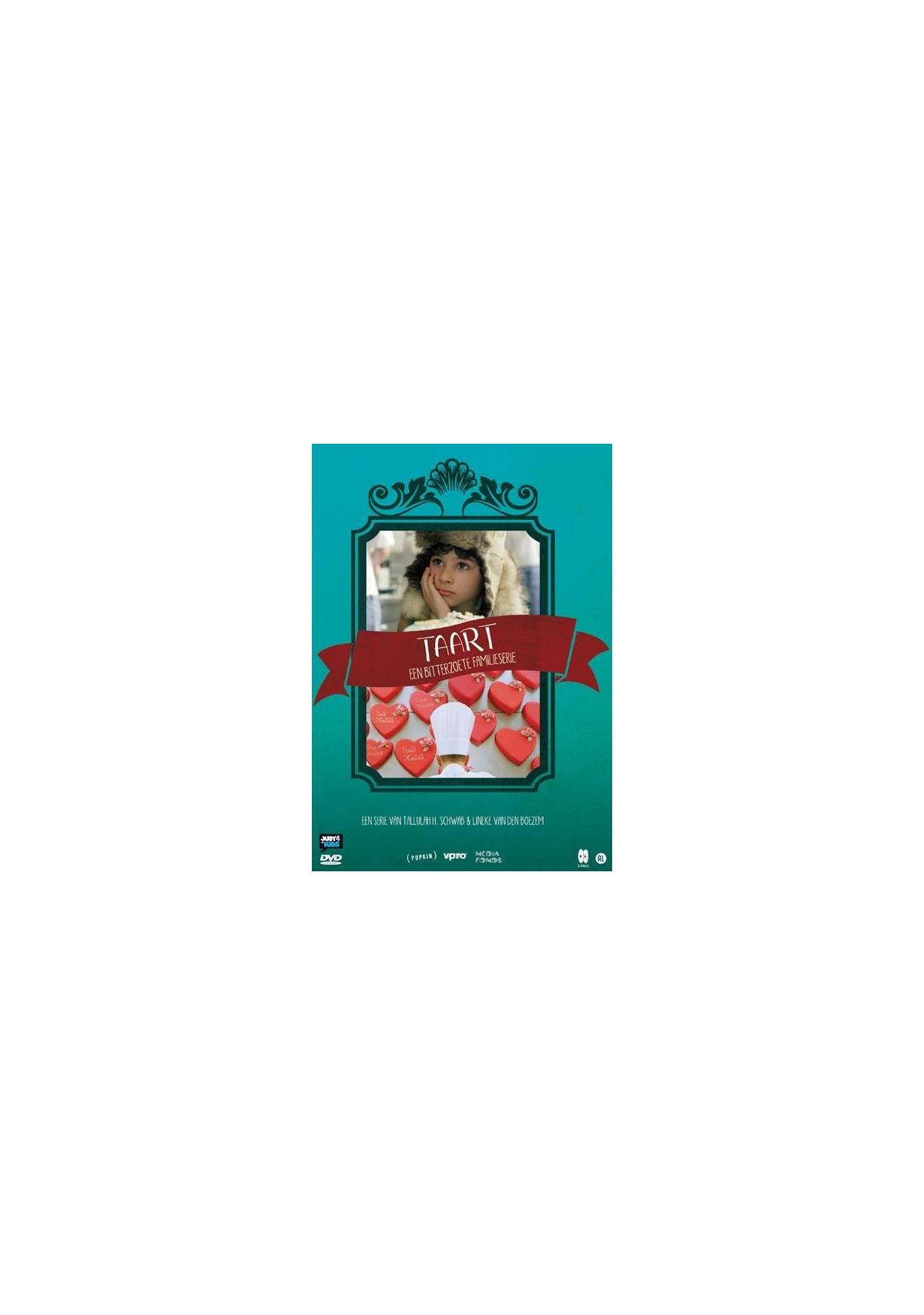 Couverture DVD de 'Taart'. Une fille a l'air triste. Bonbons en forme de cœur sur fond turquoise avec texte.