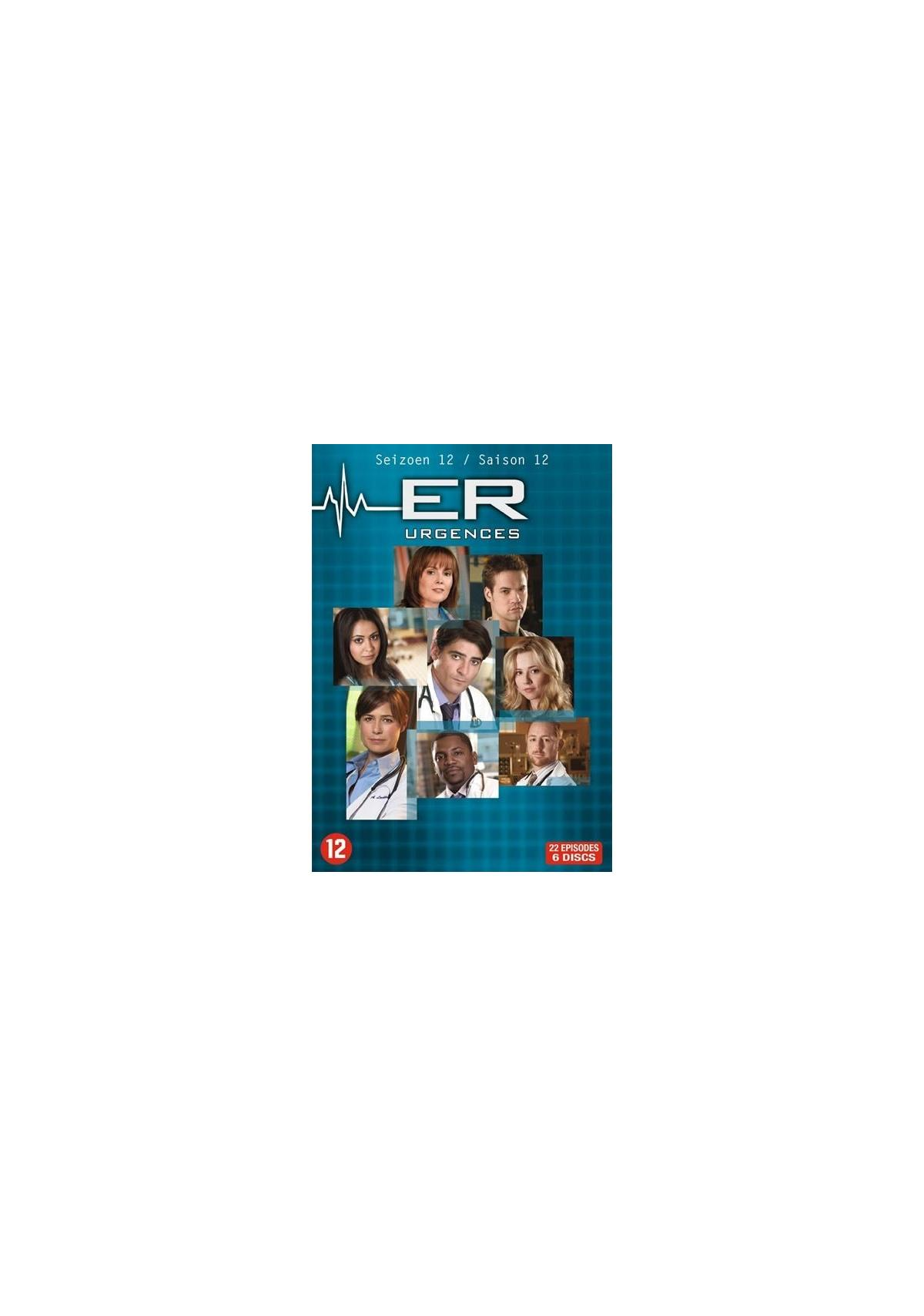 Couverture DVD de 'ER Urgences - Saison 12'. Photos des acteurs, titre et détails des épisodes visibles.