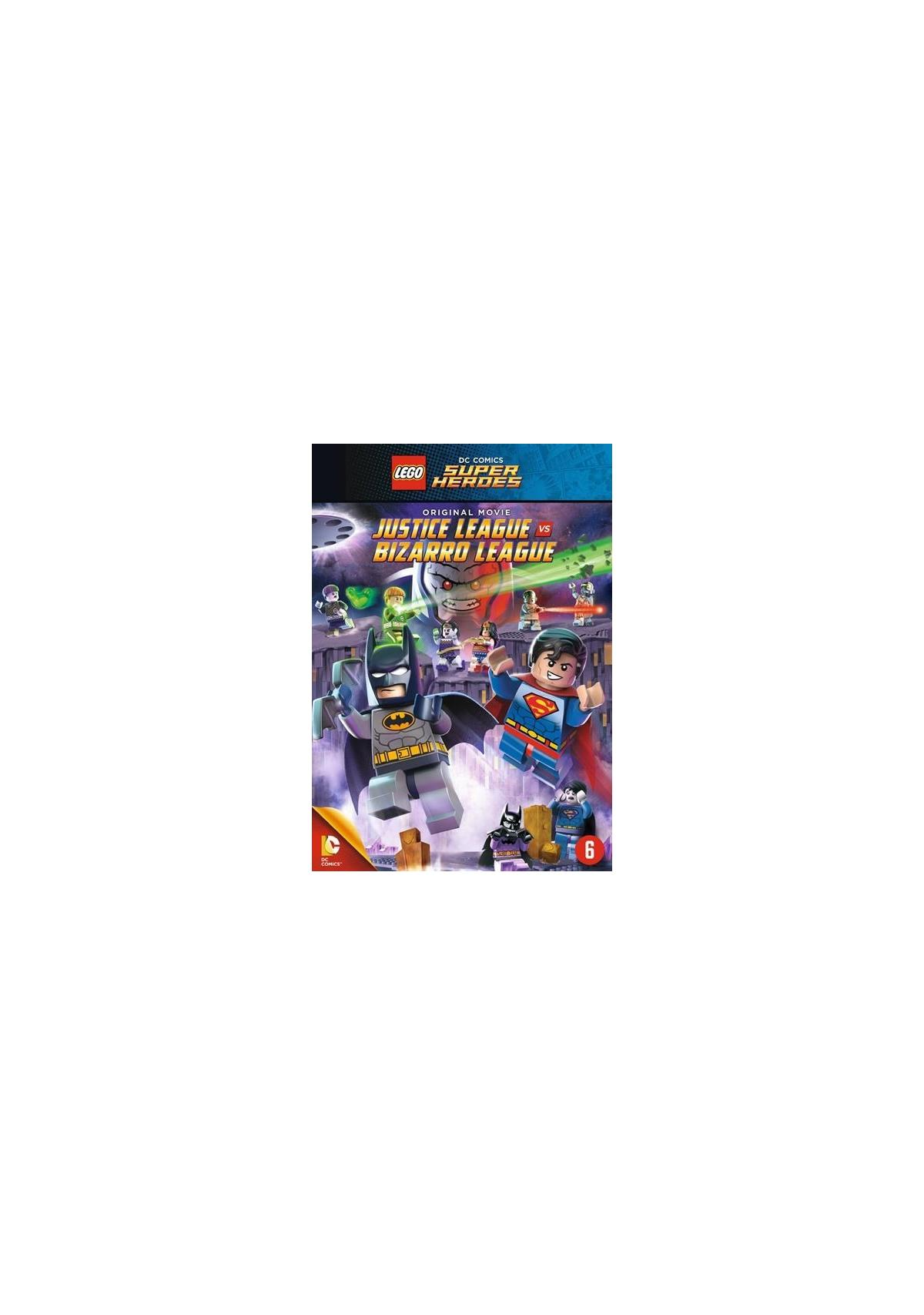 Lego-filmposter 'Justice League vs Bizarro League'. Batman- en Superman-figuren.