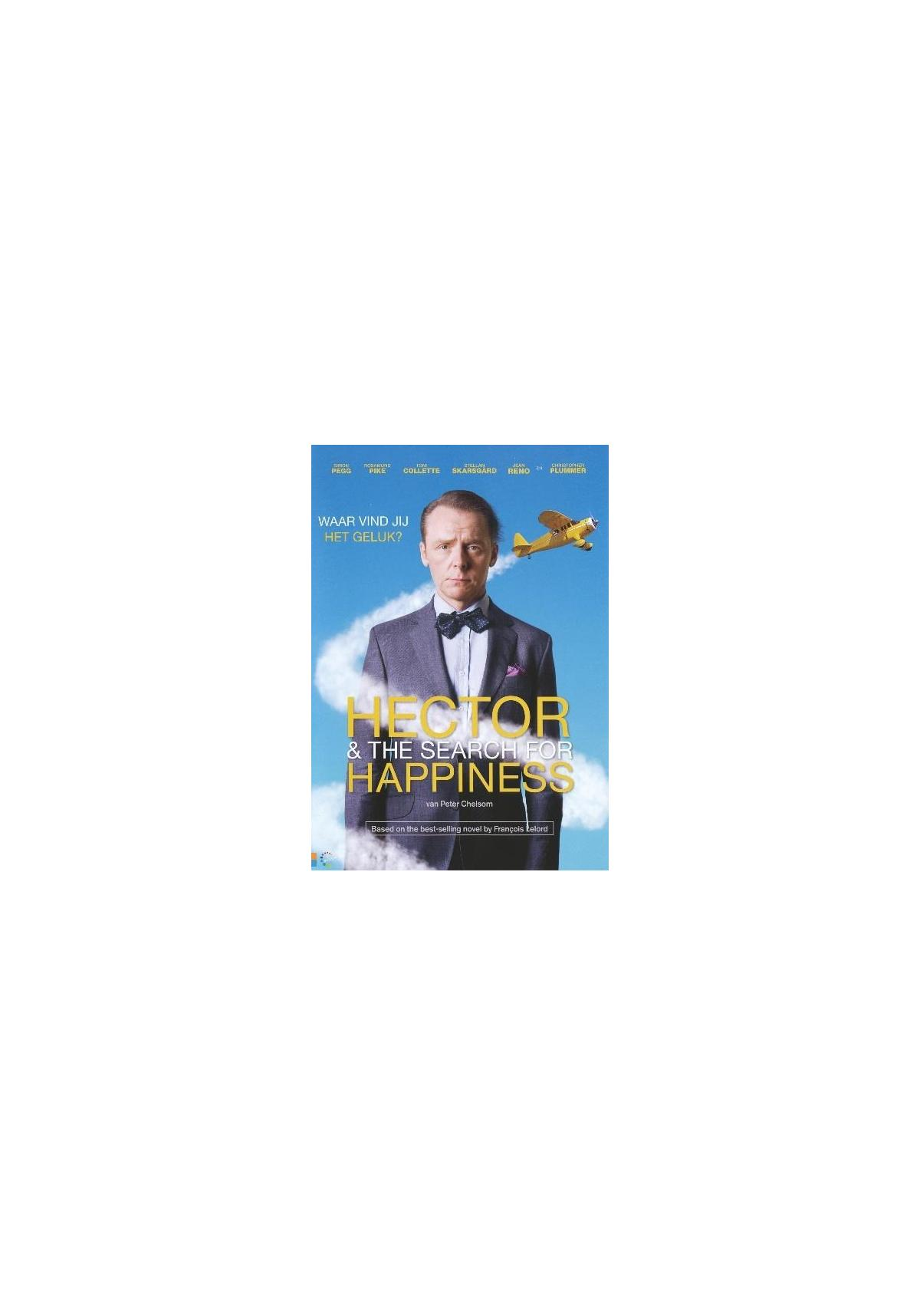 Filmposter: Man in pak, klein vliegtuig, titel 'Hector & The Search for Happiness'.