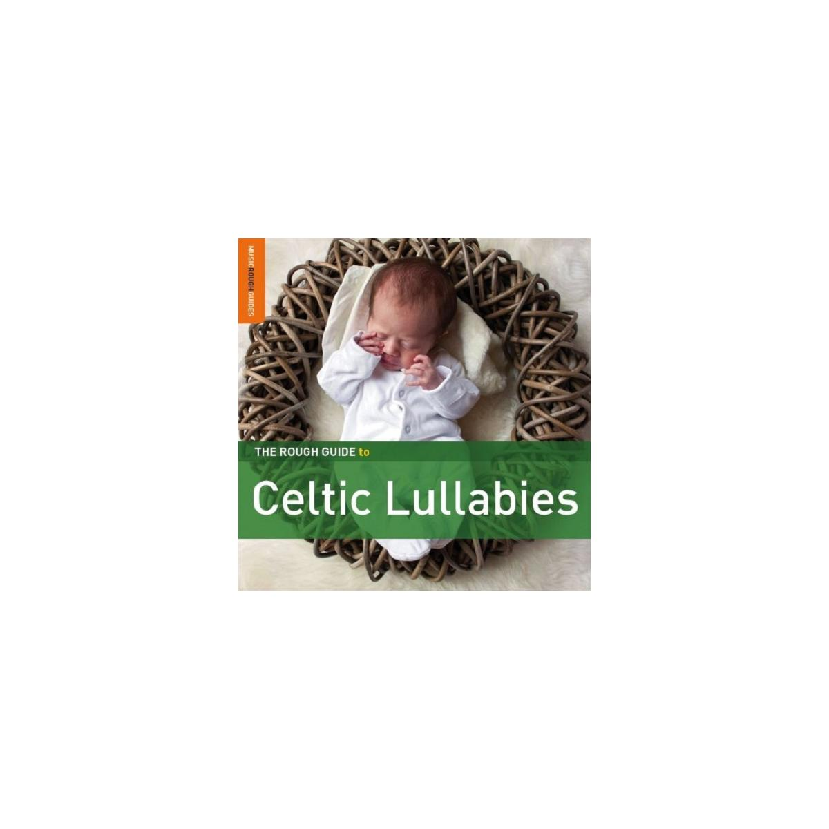 Een baby in een rieten mand omringd door een krans. De tekst 'Celtic Lullabies'.