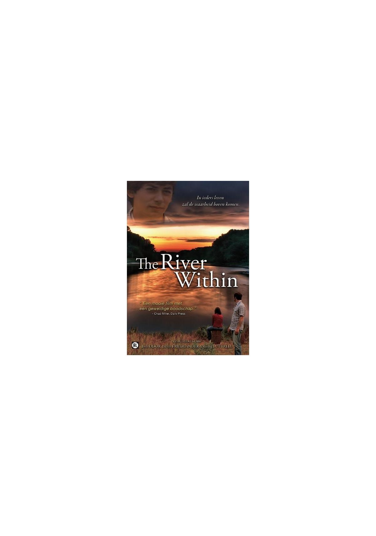 Couverture DVD de 'The River Within'. Personnes sur la berge, titre et crédits visibles. Fond de coucher de soleil.