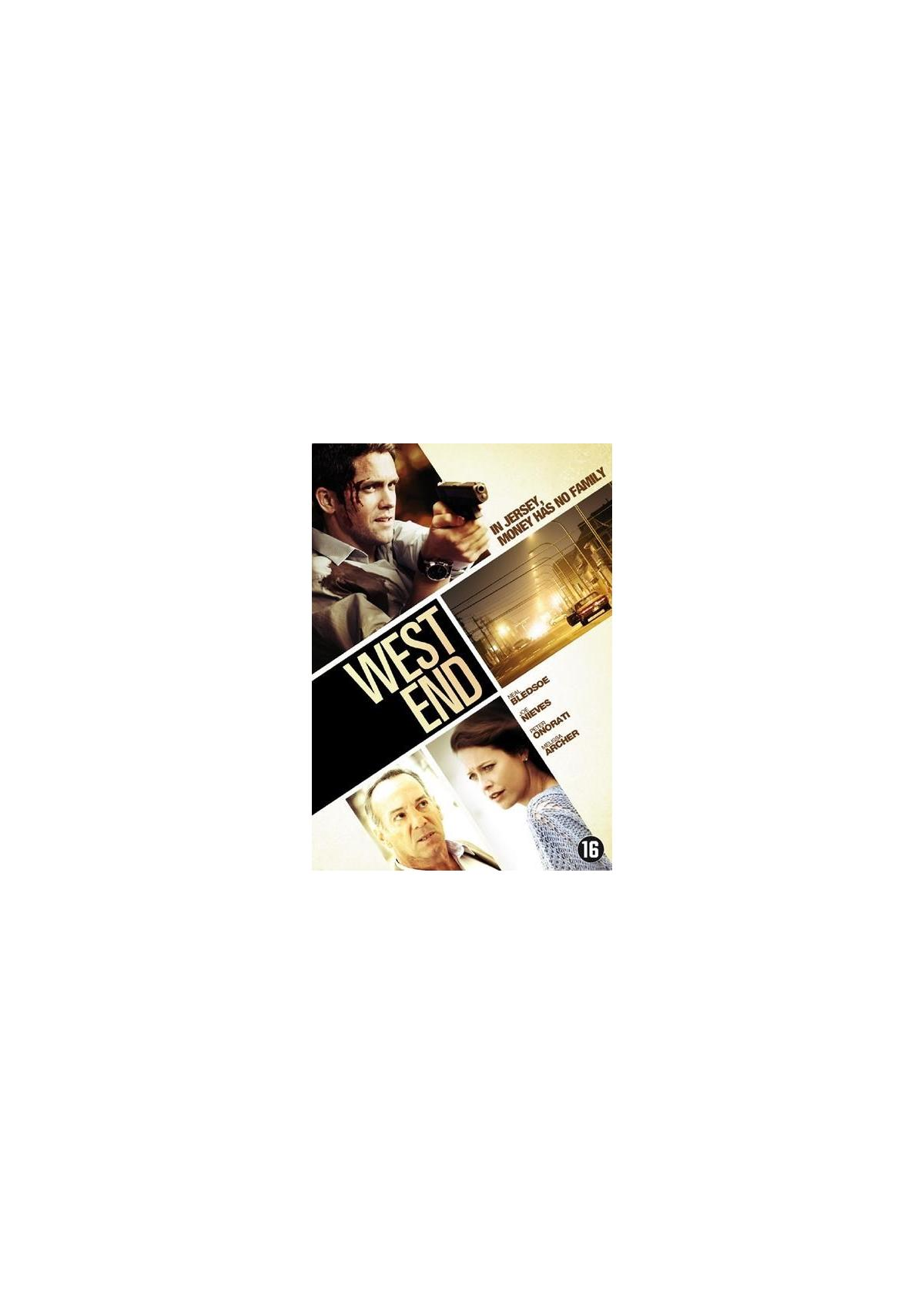 Affiche du film West End. Un homme tient une arme et il y a deux visages sur l'affiche.