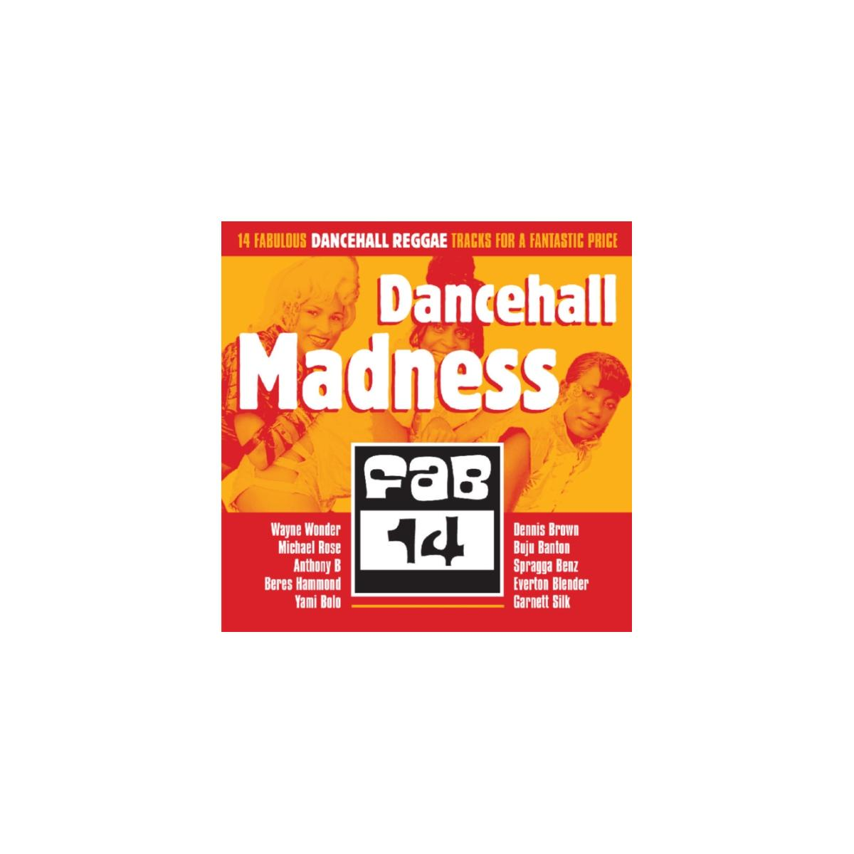 Pochette d'album. Dancehall Madness. Texte et images jaunes, rouges et blancs. Comprend les artistes et le nom de l'album.