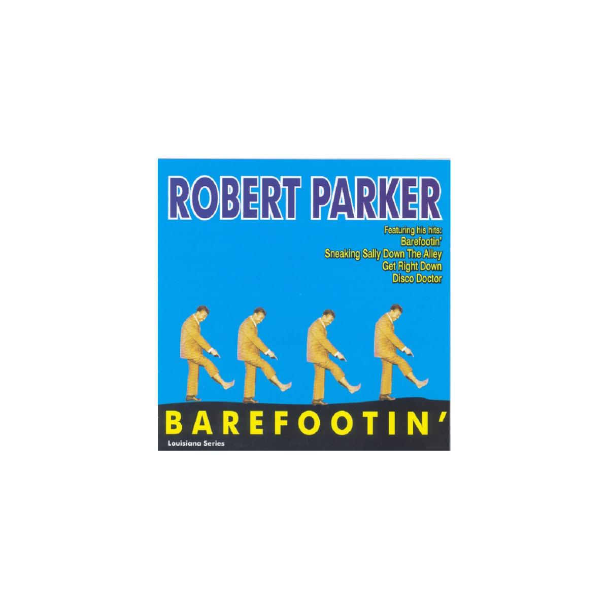 Pochette d'album avec quatre hommes dansant. Texte 'Robert Parker Barefootin''. Fond bleu. Texte à droite.
