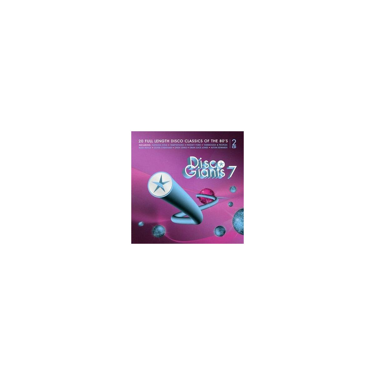 Pochette d'album : « Disco Giants 7 » avec une étoile bleue et un fond rose. Texte en haut.