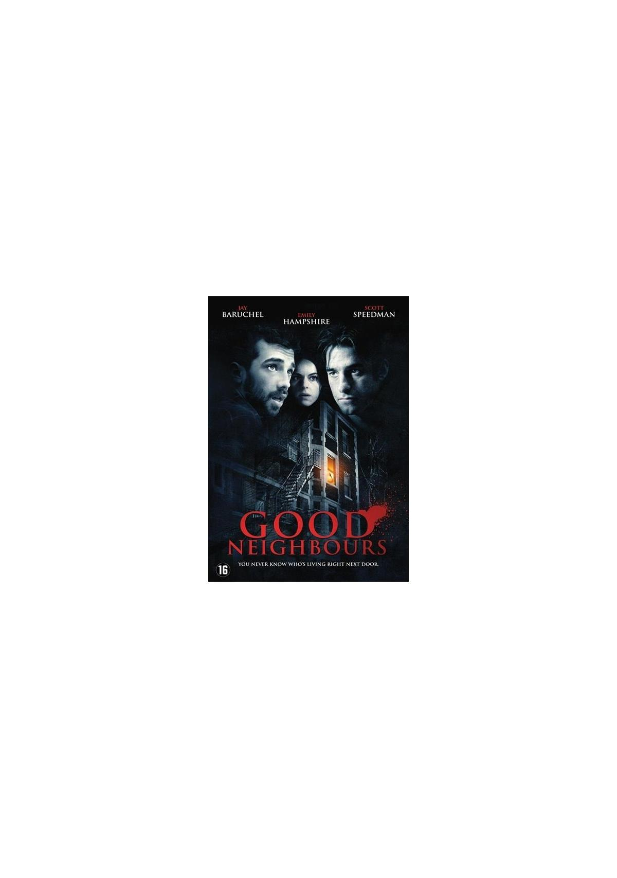 Affiche du film 'Good Neighbours' avec trois personnes. Texte rouge, fond sombre.