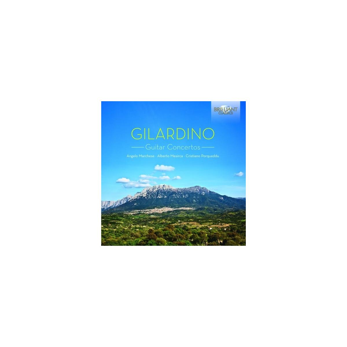 Couverture de l'album 'Gilardino - Guitar Concertos'. Comprend un paysage de montagne et ciel.