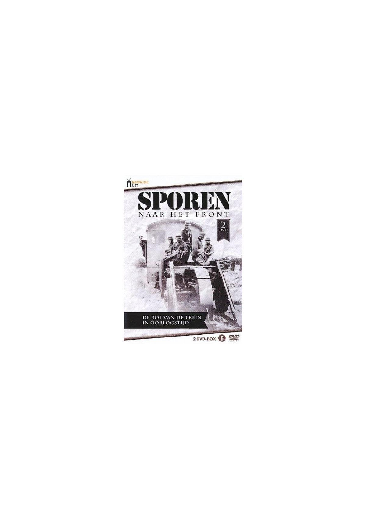 Couverture DVD. Image en noir et blanc de soldats dans un train du film 'Sporen naar het Front'.