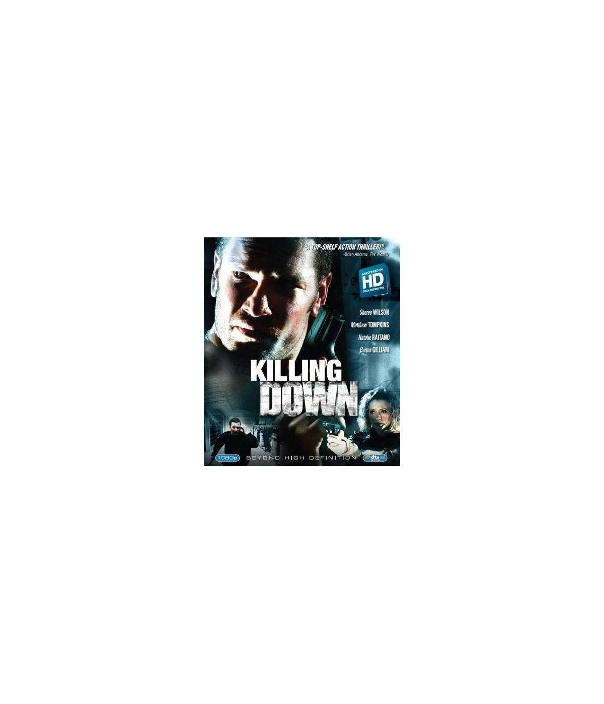 Couverture DVD pour 'Killing Down'. Comprend un homme avec une arme et deux autres personnages.