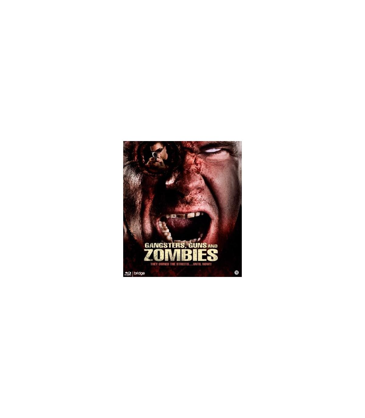 Filmposter voor 'Gangsters, Guns and Zombies'. Een man met een bebloed gezicht schreeuwt.