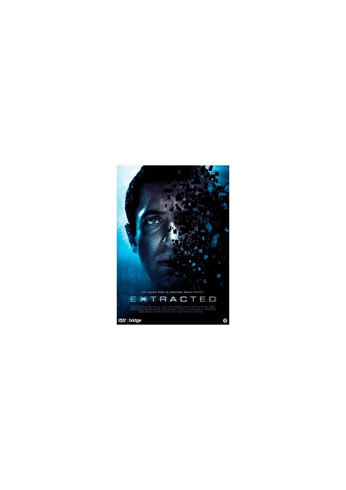 DVD-hoes voor 'Extracted'. Toont het gezicht van een man dat gedeeltelijk in pixels oplost.