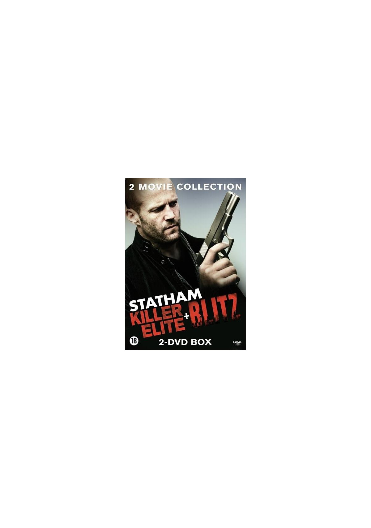 DVD-hoes met Jason Statham met een pistool, titel: Statham, Killer Elite + Blitz, 2-DVD Box.